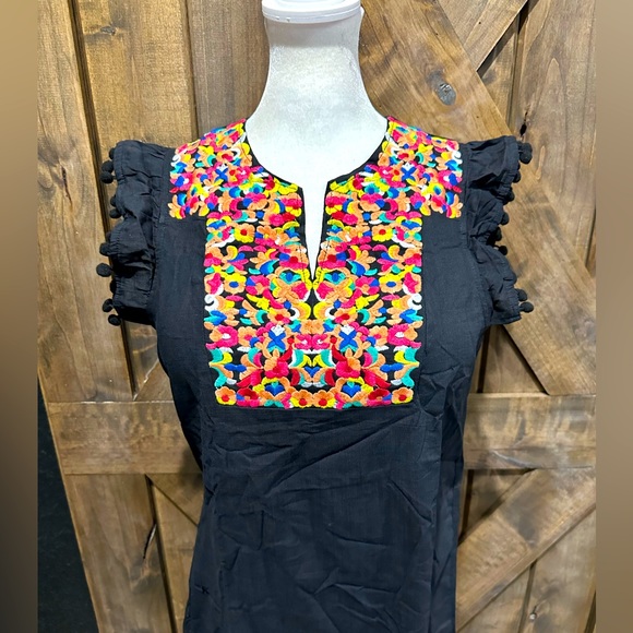 NWOT Black Multi-Color Embroidered Pom Sleeve Dress Sz M - Picture 6 of 16
